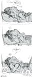  bed blush comic diana_cavendish english greyscale highres hug kagari_atsuko little_witch_academia long_hair luna_nova_school_uniform monochrome multiple_girls open_mouth sketch ticcy twitter_username yuri 