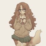 1:1 anthro bird_dog blue_eyes bottomwear bow_ribbon brown_hair canid canine canis circle_eyebrows clothing domestic_dog eyebrows eyewear female floppy_ears freckles glasses green_bottomwear green_clothing green_skirt hair hi_res hunting_dog lips long_ears long_hair looking_at_viewer mammal pink_lips red_bow red_ribbon skirt smile solo spaniel sweater tail tan_clothing tan_sweater tan_topwear tateoftot topwear wavy_hair