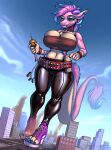 5_fingers anthro belly belt big_breasts big_butt biped blue_body blue_claws blue_eyes blue_fur blue_hair blue_horn blue_sclera breasts brown_clothing brown_topwear building butt car_on_belt claws clothed clothed_anthro clothed_female clothed_macro clothing collar cracked cracked_ground cracks curved_horn destroyed_building destruction destruction_of_property dipstick_ears ear_markings female female_anthro finger_claws fingers footwear fully_clothed fully_clothed_anthro fully_clothed_female fur greyvyve hair hand_on_building hi_res holding_building horn krystal_(darkmaster781) latex latex_clothing latex_leggings latex_legwear leggings legwear macro macro_anthro macro_female macro_holding_building mature_female midriff multicolored_ears pink_arms pink_body pink_clothing pink_ears pink_footwear pink_fur pink_hair pink_horn pink_inner_ear pink_shoes pink_tail_tuft property_damage pupils purple_clothing purple_footwear purple_horn purple_shoes red_belt red_collar red_wristband reflective_clothing rubber_clothing shoes sky slit_pupils solo stealing_building stealing_car stealing_tower stealing_vehicle studded_belt studs tail tail_hair tail_mane tail_tuft topwear tuft walking white_belly white_body white_breasts white_ear_tips white_fur white_hands wickerbeast