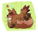 2023 3_toes abdominal_bulge ambiguous_gender ambiguous_pred belly big_belly brown_body brown_fur canid canine claws collar cross-popping_vein digital_media_(artwork) epic_battle_fantasy feet feral feral_pred flask forest fully_inside fur hindpaw huge_belly mammal mostly_nude pawplants paws plant raccoon_dog red_collar same_size_vore tail tanuki tanuki_dog_(ebf) toes tongue tongue_out tree unseen_prey vore