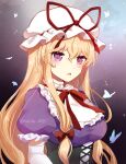  blonde_hair blush bug butterfly corset dress elbow_gloves frills gloves gradient_background hair_between_eyes hair_ribbon hat highres koto_(shiberia39) looking_at_viewer mob_cap open_mouth purple_dress purple_eyes ribbon short_sleeves touhou upper_body white_gloves yakumo_yukari 