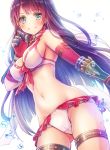  asymmetrical_sleeves bangs bikini blue_eyes blush bow breasts brown_hair cleavage cowboy_shot detached_sleeves earrings eyebrows_visible_through_hair fate/grand_order fate_(series) floating_hair frilled_bikini frills from_below gauntlets groin jewelry long_hair looking_at_viewer medium_breasts navel red_bow red_sleeves saint_martha saint_martha_(swimsuit_ruler)_(fate) serino_itsuki sideboob smile solo standing swimsuit thighlet very_long_hair white_bikini 