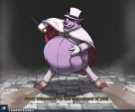 2025 abdominal_bulge akira_slide anthro belly big_belly bottomwear cane canid canine canis cape clothing eyewear facial_hair fangs footwear fur gloves hand_on_belly handwear hat headgear headwear huge_belly looking_at_viewer male mammal monocle moriarty_(sherlock_hound) mustache navel pants patreon purple_body purple_fur sherlock_hound_(series) shirt shoes smile solo struggling struggling_prey subtitled suit tanio teeth text top_hat topwear unbuttoned_shirt vhs_filter vore wolf