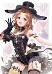  1girl :d animal_ears arm_ribbon asymmetrical_clothes black_choker black_gloves black_hat black_leotard black_ribbon breasts brown_eyes brown_hair choker cleavage cowboy_shot easter_egg egg fake_animal_ears fishnet_thighhighs fishnets garter_straps gloves hair_intakes hat highres holding holding_egg ichikawa_hinana idolmaster idolmaster_shiny_colors leotard long_hair medium_breasts mismatched_thighhighs rabbit_ears ribbon smile solo standing thighhighs toriniku_(tori_niku1998) two_side_up yellow_stripes yellow_thighhighs 