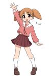  1girl 64vii arm_up azumanga_daioh azumanga_daioh&#039;s_school_uniform brown_eyes brown_hair brown_shoes commentary english_commentary english_text full_body highres loafers long_sleeves looking_at_viewer mihama_chiyo open_mouth pink_serafuku pink_shirt red_skirt sailor_collar school_uniform serafuku shirt shoes short_hair short_twintails skirt socks solo twintails waving white_sailor_collar white_socks winter_uniform 