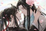 2boys ahoge bishounen black_hair black_hanfu chinese_clothes closed_mouth couple eye_contact eyelashes face-to-face falling_petals flower grey_eyes hair_flower hair_ornament hair_ribbon hand_on_another&#039;s_shoulder hanfu headband high_ponytail highres lan_wangji light_particles long_hair long_sleeves looking_at_another male_focus modao_zushi multiple_boys open_mouth petals pink_flower pink_petals ponytail profile red_ribbon ribbon sidelocks smile upper_body w2biiro watermark wei_wuxian white_hanfu white_headband wide_sleeves yaoi yellow_eyes 