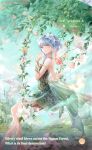  1girl artist_request bird blue_flower blue_sky bud bug butterfly castle character_name chest_jewel cloud coattails copyright_name day dove dress english_text fairy feet_out_of_frame flower forest gem gold_necklace green_dress grey_hair hair_flower hair_ornament highres hill jewelry lake lavender_(flower) light_particles light_smile lily_(flower) lips logo nature necklace nikki_(series) official_art on_swing orange_flower outdoors parted_lips pink_flower pink_lips pink_rose plant purple_flower purple_gemstone rose second-party_source shining_nikki short_dress short_hair_with_long_locks shoulder_tattoo single_sidelock sitting sky solo strapless strapless_dress stray_springwood_(shining_nikki) swing swinging_on_swing tattoo teeth tree vines white_flower white_rose yellow_eyes yexiao_(shining_nikki) 
