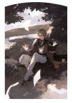  1boy 22kolink blonde_hair book border collared_shirt full_body glasses highres holding holding_book jacket leaf long_sleeves looking_at_viewer male_focus on_grass open_book original outdoors pants shirt short_hair sitting smile solo tree under_tree white_pants 