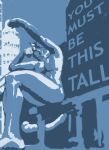 2009 anthro blue_background building city cougar felid feline frown hair hi_res humor jeri_kleinlowe looking_at_viewer macro male mammal monochrome muscular nude outside raised_hand simple_background sitting skyscraper solo tail text