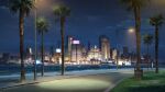  atmospheric_perspective beach city_lights cityscape cloud cloudy_sky glowing grass highres lake lamppost night no_humans non-web_source official_art our_life:_beginnings_and_always outdoors palm_tree road scenery sign sky tree water 