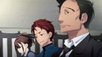  1girl 2boys adam&#039;s_apple black_necktie black_stripes blazer blue_sailor_collar brown_hair ceiling chuo_tanegashima_high_school_uniform chuo_tanegashima_high_winter_school_uniform clenched_teeth closed_eyes collarbone collared_jacket cropped_shirt crying frown fukuda_tomonori funeral game_cg grey_shirt hair_between_eyes high_ponytail highres indoors jacket long_sleeves looking_down looking_to_the_side loose_necktie multiple_boys nagafukada_mitsuhiko necktie no_beard non-web_source official_art open_collar parted_lips ponytail ponytail_with_braided_base red_hair robotics;notes sad sailor_collar school_uniform senomiya_akiho shirt short_hair sidelocks streaming_tears suit suit_jacket teardrop tears teeth tile_ceiling tiles very_short_hair yashio_kaito 