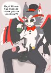absurd_res anthro balls big_(disambiguation) black bow_(disambiguation) clothed clothing colored dialogue digital_drawing_(artwork) digital_media_(artwork) domestic_cat ears english_text eyes felid feline felis fur genitals hazbin heart_symbol hi_res holding_(disambiguation) humanoid husk inner invalid_tag male mammal multicolored_body multicolored_fur on open_mouth partially_(disambiguation) penis profanity red shoulder signature solo surprised symbol. tabascomilk tail text top_(disambiguation) tuft yellow