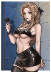  1girl aerith_gainsborough alternate_costume belt black_belt black_flower black_lips black_rose black_shirt black_skirt bracelet breasts brown_hair crop_top ear_piercing english_commentary eyeshadow final_fantasy final_fantasy_vii fishnet_thighhighs fishnets flower green_eyes highres holding holding_flower jewelry makeup medium_breasts miniskirt navel_piercing piercing purple_eyeshadow redjet rose shirt skirt solo spiked_bracelet spikes thighhighs underboob 