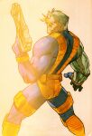 1boy belt bengus bodysuit cable_(marvel) clenched_teeth game_cg glowing glowing_eye gun handgun highres holding holding_gun holding_weapon leg_belt male_focus marvel marvel_vs._capcom marvel_vs._capcom_2 muscular muscular_male non-web_source official_art pouch prosthesis prosthetic_arm scan sidelighting simple_background solo standing superhero_costume teeth thigh_pouch thigh_strap two-tone_bodysuit utility_belt weapon white_hair x-men yellow_bodysuit 