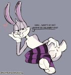 absurd_res anthro anus blush bodily_fluids buckteeth bugs_bunny butt canid canine clothing digital_media_(artwork) fur genitals grey_body hair hi_res lagomorph legwear leporid looking_at_viewer looking_back looney_tunes male mammal notsafeforwanking nude presenting presenting_hindquarters rabbit sex simple_background solo spread_anus spread_butt spreading stockings tail teeth text thigh_highs warner_brothers