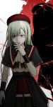  2girls absurdres bang_dream! bang_dream!_it&#039;s_mygo!!!!! beret bilingual_commentary broken_glass clea_ekos commentary dual_persona evil_smile glass green_hair hat highres long_hair mixed-language_commentary mortis_(bang_dream!) mortis_(costume)_(bang_dream!) mortis_(persona)_(bang_dream!) multiple_girls open_mouth red_hat shadow smile wakaba_mutsumi yellow_eyes 