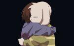  1boy 1other animal_ears asriel_dreemurr black_background blue_sweater brown_hair closed_eyes frisk_(undertale) furry furry_male goat_boy goat_ears highres hug profile sakasama_n short_hair simple_background sweater tearing_up undertale upper_body 