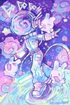  1other ambiguous_gender animal artist_name astronaut colorful commentary cool_colored english_commentary english_text food fruit heart helmet highres neogeopet original other_focus pants rabbit solo space space_helmet spacesuit strawberry water 