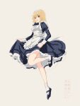  1girl :d absurdres alternate_costume apron black_shirt black_skirt blonde_hair breasts cagalli_yula_athha enmaided full_body grey_background gundam gundam_seed hair_between_eyes highres koban_(zouwqprlfvilaod) long_sleeves maid maid_headdress medium_breasts medium_skirt red_eyes shirt simple_background sketch skirt skirt_hold smile socks solo watermark white_apron white_socks 