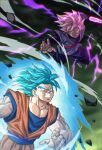  2boys arm_blade aura battle black_pants black_shirt blue_eyes blue_hair blue_sash blue_shirt buraku_black clenched_teeth dougi dragon_ball dragon_ball_super earrings energy_blade goku_black grey_tunic highres jewelry male_focus medium_hair midair multiple_boys orange_shirt pants pink_hair potara_earrings red_sash sash shirt single_earring son_goku spiked_hair super_saiyan super_saiyan_blue super_saiyan_rose teeth tunic weapon 
