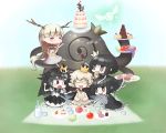 4girls :d :t =_= antlers apple apple_bunny bandages black_dress black_hair blanc_(rose_to_tasogare_no_kojou) blind_prince blonde_hair blush brown_eyes cake cape cheek_bulge chibi clenched_hand closed_mouth company_connection crossover crown cup cupcake day doily doughnut dress eating eighth_note eyebrows_visible_through_hair food food_on_face fork fruit grapes grass highres holding holding_fork hotaru_(htol#niq) htol#niq:_hotaru_no_nikki leaning_forward liar_princess long_hair mini_crown mion_(htol#niq) mouth_hold multiple_girls musical_note nippon_ichi open_mouth outdoors outstretched_arm pale_skin pear picnic plate rose_(rose_to_tasogare_no_kojou) rose_to_tasogare_no_kojou sharp_teeth shizuraku short_hair sitting smile standing standing_on_one_leg strawberry teeth titan_(rose_to_tasogare_no_kojou) tray usotsuki_hime_to_moumoku_ouji very_long_hair white_dress 
