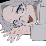  1boy :d aotsuki_eito blood blood_on_face blue_blood blue_eyes chinese_commentary close-up dwzssdbdl evil_grin evil_smile glasses grey_hair grin highres jacket looking_at_viewer male_focus on_floor short_hair simple_background smile solo the_hundred_line_-last_defense_academy- white_background white_jacket 