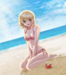  1girl :d bare_arms bare_legs barefoot beach between_legs bikini blonde_hair blue_sky breasts brown_eyes cagalli_yula_athha cleavage cloud collarbone day eyebrows_hidden_by_hair full_body gundam gundam_seed hand_between_legs highres koban_(zouwqprlfvilaod) medium_breasts medium_hair ocean outdoors pink_bikini side-tie_bikini_bottom sitting sky smile solo straight_hair summer sunlight swimsuit wariza 