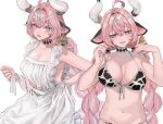  1girl ahoge alternate_costume animal_ears animal_print apron aqua_hair arm_behind_back armpit_crease bare_shoulders bell bikini bikini_tug black_choker braid breasts bright_pupils choker closed_mouth collarbone cow_ears cow_horns cow_print cow_print_bikini cow_tail cowbell diamond_choker ear_bell eyelashes fqczmknaum71262 frilled_apron frills gauze gauze_on_cheek genshin_impact hair_between_eyes half-closed_eyes hands_up highres horn_ornament horn_ring horns large_breasts looking_at_viewer looking_down low_twin_braids midriff multicolored_hair multiple_views naked_apron navel parted_lips pink_hair pink_lips pink_nails print_bikini purple_eyes sideboob skindentation solo streaked_hair swimsuit tail triangle_print twin_braids varesa_(genshin_impact) white_apron white_background white_horns white_mouth white_pupils 