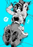  !? 1girl absurdres ahoge aqua_background aqua_eyes arms_up breasts checkered_necktie collared_shirt commentary_request gloves greyscale_with_colored_background hairband high-waist_pants highres holster jacket large_breasts light_blush long_hair metal_hairband multicolored_hair necktie open_mouth pants partial_commentary police police_uniform policewoman ponytail restrained seiza shirt shoulder_holster sitting solo spoken_interrobang spot_color streaked_hair sweatdrop tight_clothes tight_pants yotsumi_shiro zenless_zone_zero zhu_yuan 