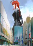  1girl arms_behind_back artist_name black_dress blood blood_halo blue_sky blunt_bangs braid braided_ponytail breasts building car chainsaw_man city cityscape crosswalk day demon_girl dress expressionless from_below full_body giant giantess halo highres lamppost liquid_halo long_dress long_hair long_sidelocks long_sleeves looking_at_viewer looking_back makima_(chainsaw_man) mature_female medium_breasts motor_vehicle nose outdoors own_hands_together pale_skin parted_lips pink_lips red_hair red_halo ringed_eyes road sidelocks single_braid sky solo standing sudstance tree twitter_username walking 