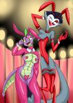 absurd_res anthro breasts bunny_costume clothing costume dragon duo female friendship_is_magic hasbro helluva_boss hi_res humanoid male male/male my_little_pony mythological_creature mythological_scalie mythology reverse_bunny_costume rubymun scalie spike_(mlp) stolas_(helluva_boss)