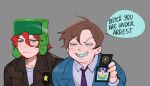  2boys ahoge black_eyes blue_jacket brown_hair brown_jacket closed_mouth collared_shirt curly_hair english_commentary english_text eric_cartman evil_smile green_eyes green_hat grey_background hair_between_eyes hand_up hat holding holding_id_card id_card jacket kyle_broflovski lapels long_sleeves looking_afar male_focus multiple_boys necktie open_clothes open_jacket purple_necktie red_hair shirt sillymechi simple_background smile south_park speech_bubble star_(symbol) star_print suit_jacket t-shirt teeth upper_body v-shaped_eyebrows white_shirt you&#039;re_doing_it_wrong 