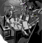 3_toes 5_fingers animate_inanimate animatronic anthro artigiano avian barefoot bird bottomwear canid canine canis catnap_(poppy_playtime) clothed clothed_anthro clothed_female clothed_male clothing collared_shirt corvid corvus_(genus) crow dollhouse_(tenebscuro) domestic_cat domestic_dog dress dress_shirt eyewear fangs feathers feet felid feline felis female fingers five_nights_at_freddy&#039;s foxy_(fnaf) freddy_(fnaf) fur garten_of_banban group hair hat headgear headwear hi_res hindpaw huggy_wuggy humanoid_hands living_plushie machine male mammal mob_entertainment monocle multi_arm multi_limb nabnab necktie oscine pants passerine paws plushie poppy_playtime robot scottgames shirt smiling_critters tablet tablet_computer teeth tenebscuro toes top_hat topwear wolf wolfscuro