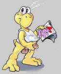 3_toes accessory anthro anus balls birdo blush bodily_fluids bow_ribbon darkened_balls darkened_genitalia darkened_penis darkened_perineum embarrassed feet flindasaur foreskin genital_fluids genitals glans gynomorph hair hair_accessory hair_bow hair_ribbon hi_res intersex koopa koopa_troopa leaking_precum long_foreskin magazine male mario_bros masturbation nintendo penis precum ribbons scalie solo spread_anus spreading sweat sweatdrop toes