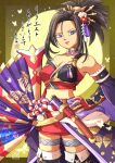  1girl alternate_costume animal_print armor asa_no_ha_(pattern) boots breastplate breasts brown_hair bug butterfly butterfly_print choker cleavage commentary_request commission cowboy_shot detached_sleeves dragon_quest dragon_quest_viii fingerless_gloves floral_print flower folding_fan gloves gold_choker hair_flower hair_ornament hairpin hand_fan hand_on_own_hip high_ponytail highres holding holding_fan japanese_clothes knife large_breasts midriff o-ring o-ring_choker parted_bangs ponytail purple_eyes red_(dq8) red_flower red_gloves red_lips red_skirt seigaiha sheath sheathed silver_thighlet skeb_commission skirt solo sonisonialoe spiked_hair thigh_boots translation_request yellow_background 