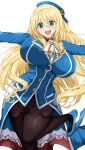  1girl atago_(kancolle) beret black_pantyhose black_skirt blonde_hair blue_hat breasts chamumi_(mochiumee) feet_out_of_frame green_eyes hat highres kantai_collection large_breasts long_hair military_uniform open_mouth pan-pa-ka-paaan! pantyhose round_teeth simple_background skirt solo standing teeth upper_teeth_only white_background 