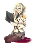  1girl black_pantyhose blush breasts brown_hair buttons double-breasted epaulettes folded_ponytail glasses gloves green_eyes kantai_collection katori_(kancolle) large_breasts long_hair long_sleeves looking_at_viewer military military_uniform necktie notebook pantyhose pencil_skirt rimless_eyewear shirt sitting skirt smile teramoto_kaoru twitter_username white_gloves 