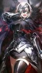  absurdres ahoge armor armored_dress bangs breasts cape chain cleavage commentary_request covering_one_eye cowboy_shot dress eyebrows_visible_through_hair fate/grand_order fate_(series) fur-trimmed_cape fur_collar fur_trim gauntlets half-closed_eyes headpiece highres hoojiro jeanne_d'arc_(alter)_(fate) jeanne_d'arc_(fate)_(all) large_breasts looking_at_viewer open_mouth short_hair silver_hair smile solo thighhighs thighs tsurime yellow_eyes 