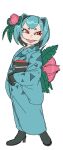  1girl :&gt; :d aqua_hair aqua_kimono commentary_request dancho_no_mori fangs flower full_body hair_flower hair_ornament highres ivysaur japanese_clothes kimono looking_to_the_side personification pokemon red_eyes sash short_eyebrows simple_background sketch smile solo white_background 