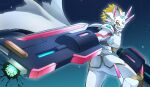  absurdres arm_cannon armor blonde_hair cape cowboy_shot digimon digimon_(creature) dragon from_behind highres horns houei4 siriusmon solo spiked_hair weapon white_armor white_cape 