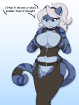 3:4 aegis_(infinitedge) anthro belt big_breasts blue_body blue_fur bottomwear breast_squish breasts chest_tuft cleavage clothed clothing collar crotchless_bottomwear crotchless_clothing cuff_(restraint) dialogue digital_media_(artwork) english_text felid feline female fingers fur hair hi_res infinitedge leather leather_bottomwear leather_chaps leather_clothing leather_cuffs mammal open_mouth pantherine pink_nose restraints solo squish striped_body striped_fur stripes tail text tied_hair tiger tuft white_hair