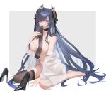  absurdres artist_name august_von_parseval_(azur_lane) august_von_parseval_(the_unhulde&#039;s_midday_respite)_(azur_lane) azur_lane black_choker black_shoes black_thighhighs blue_eyes blue_hair border breasts bright_pupils choker cleavage clothes_in_mouth collarbone collared_shirt commentary_request convenient_censoring cross cross_choker eyelashes feet full_body grey_background hair_censor hair_intakes hair_over_breasts hair_over_one_eye hand_on_own_chest hand_up high_heels highres holding holding_unworn_clothes horns large_breasts large_variant_set long_bangs long_hair long_sleeves looking_at_viewer mechanical_horns navel no_bra no_panties off_shoulder official_alternate_costume one_eye_covered outside_border parted_bangs parted_lips red_lips shirt shoes sitting straight_hair thighhighs toenails toes unworn_shoes unworn_thighhighs variant_set very_long_hair wariza white_border white_pupils white_shirt xnnagu 