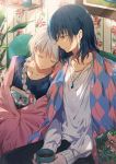  1boy 1girl bangs black_hair blanket blue_eyes blue_sweater book braid checkered collarbone couple cup dangmill earrings floral_print hair_ribbon head_on_shoulder hetero highres holding holding_book holding_cup howl_(howl_no_ugoku_shiro) howl_no_ugoku_shiro jewelry leaning_on_person long_hair long_sleeves looking_at_another mug pendant pink_ribbon ribbon shelf shirt sitting sleeping smile sophie_(howl_no_ugoku_shiro) sweater u_u wallpaper_(object) white_hair white_shirt 