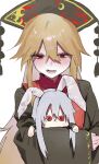  1girl animal_ears black_dress black_hat black_jacket blonde_hair blush button_eyes buttons character_doll chinese_clothes commentary_request crescent crescent_print dalachi_(headdress) doll dress eyelashes hair_between_eyes half-closed_eyes hat highres hugging_doll hugging_object jacket junko_(touhou) long_hair long_sleeves looking_at_viewer mandarin_collar open_mouth pom_pom_(clothes) purple_hair rabbit_ears red_eyes red_tabard reisen_udongein_inaba sidelocks smile solo tabard tassel teeth touhou tume_ama upper_body wide_sleeves 