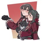  2girls ascot bang_dream! bang_dream!_it&#039;s_mygo!!!!! black_ascot black_gloves black_hair blue_eyes blush brown_hair coat criangle_k. gloves gradient_background hair_ribbon holding_hands hug hug_from_behind long_hair long_sleeves mole mole_under_eye multiple_girls open_mouth purple_eyes red_background red_brooch red_coat red_ribbon ribbon shiina_taki upper_body white_background yahata_umiri yuri 