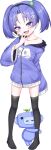  1girl absurdres black_thighhighs blush collarbone discord fang flat_chest full_body hair_ornament headset highres hood hooded_jacket jacket long_sleeves looking_at_viewer mesugaki no_shoes nomorakazu open_mouth original personification pigeon-toed purple_eyes purple_hair purple_jacket short_hair simple_background single_bare_shoulder skin_fang solo standing thighhighs toes transparent_background twintails wide_sleeves wumpus 