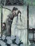  2boys architecture black_eyes black_hair black_hanfu book book_on_lap chinese_clothes closed_mouth cup east_asian_architecture flower hair_ribbon hand_on_another&#039;s_shoulder hanfu headband high_ponytail highres holding holding_book holding_umbrella hydrangea lan_wangji leaf long_hair long_sleeves looking_at_another male_focus modao_zushi multiple_boys oil-paper_umbrella open_book ponytail rain red_ribbon ribbon robe sash sidelocks sitting sleeves_past_wrists smile standing table teacup teapot topknot tray tree twitter_username umbrella w2biiro watermark wei_wuxian white_flower white_hanfu white_headband wide_sleeves yaoi yellow_eyes 