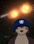 alien anthro armor blank_stare brown_body brown_fur combat_stress cosmic_background explosion floppy_ears fur gojid_(the_nature_of_predators) headgear headgear_only helmet helmet_only hi_res male mammal marines_call_it_that_2000_yard_stare planet quills_(anatomy) ship solo sovlin_(the_nature_of_predators) space space_background spacecraft tan_body tan_fur the_nature_of_predators thousand_yard_stare traumatized united_nations vehicle warship watercraft