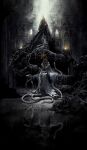  1boy aldrich_devourer_of_gods commentary covered_eyes dark_souls_(series) dark_souls_i dark_souls_iii dark_sun_gwyndolin dress english_commentary full_body gold_headwear gold_necklace grey_dress hashtag-only_commentary helmet helmet_over_eyes highres indoors jewelry male_focus necklace robe sitting slime_(creature) snake solo spiked_helmet spiked_necklace sun_symbol tworain_w white_robe 