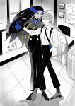  2girls ahoge black_hair blue_eyes chair clodsire closed_eyes dancing dated desk full_body geeta_(pokemon) gloves hand_in_pocket highres holding_hands indoors long_hair looking_at_another monochrome mozu_pkm multiple_girls necktie office pants pokemon pokemon_sv ponytail rika_(pokemon) shoes smile spot_color suit suspenders very_long_hair yuri 